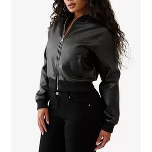 True‎ Religion Vegan Leather Embossed Cropped Bomber Jacket Womens Size Medium